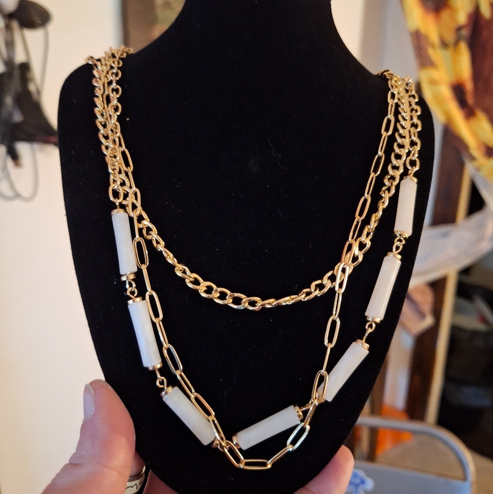 Nwt Calvin Klein Gold Tone Layered Chain Necklace White Bar Accents 52$